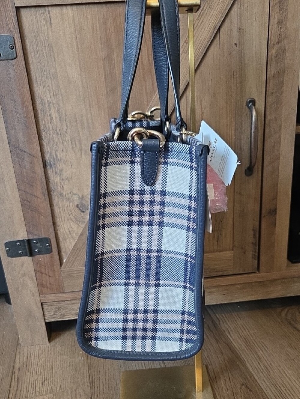 Coach Navy and Cream Garden Plaid Leather-Trim Dempsey Carry-All - Picture 3 of 7